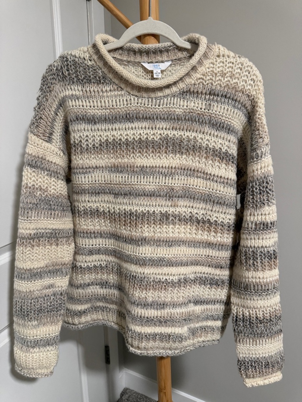 Time and Tru Cream and Gray Striped Crewneck Sweater